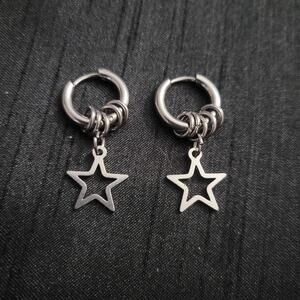 Men's silver stainless steel star charm mini hoop earrings